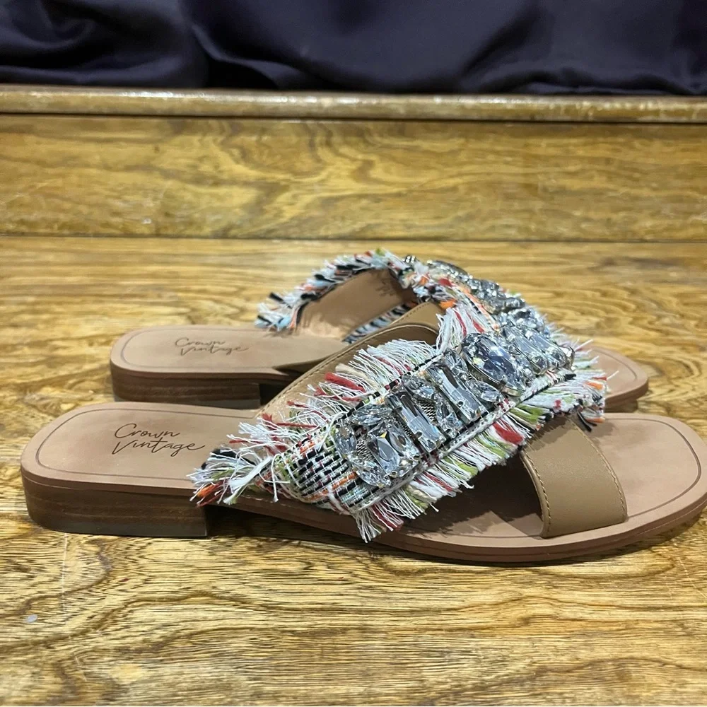 Crown Vintage blingy fabric fringe slides. Sz 9.5 - Picture 8 of 16